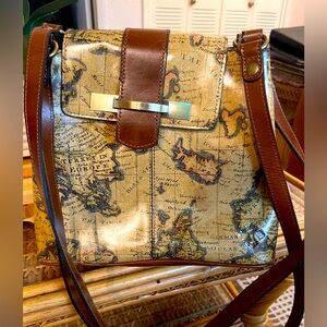 New Patricia Nash Map Print Italian Leather Shoulder Bag MRSP $269